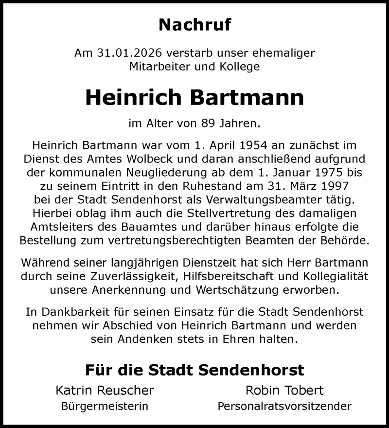  Traueranzeige für Heinrich Bartmann vom 14.02.2026 aus 