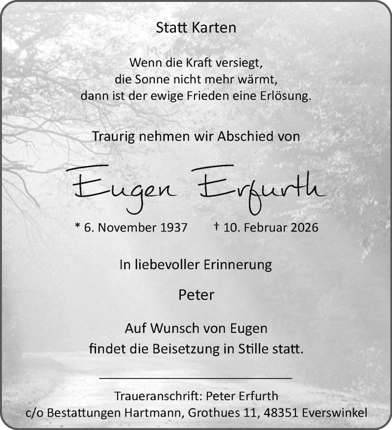  Traueranzeige für Eugen Erfurth vom 14.02.2026 aus 