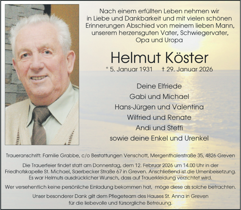  Traueranzeige für Helmut Köster vom 07.02.2026 aus 