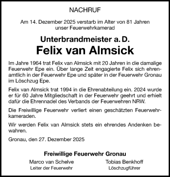 Anzeige von Felix van Almsick 