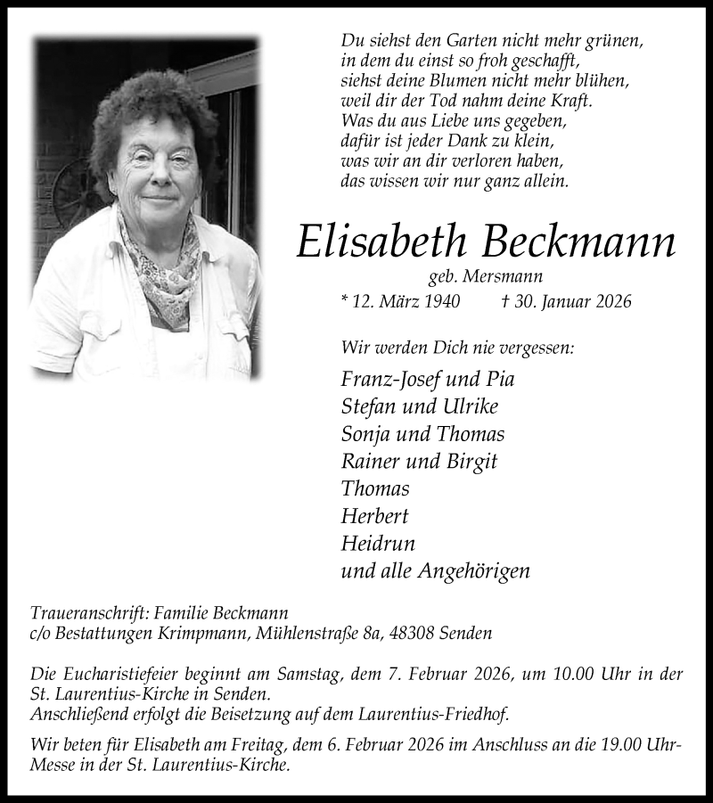 Traueranzeige für Elisabeth Beckmann vom 04.02.2026 aus 