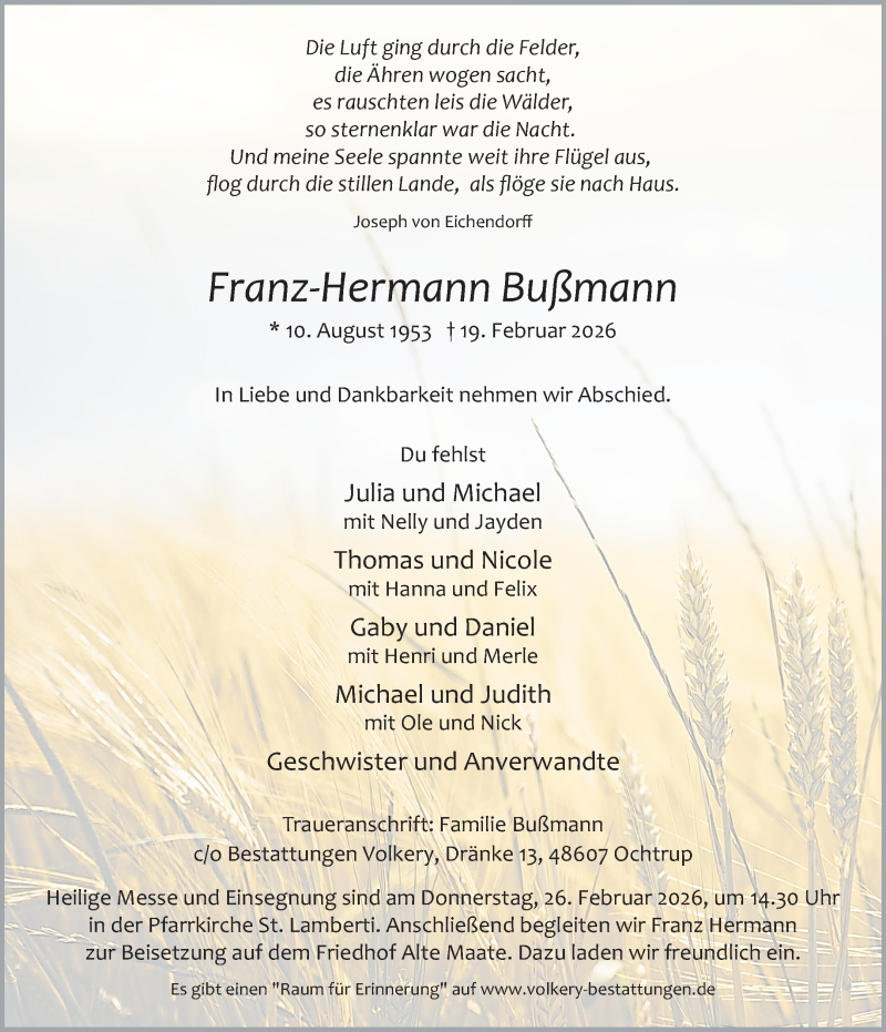  Traueranzeige für Franz-Hermann Buẞmann vom 24.02.2026 aus 