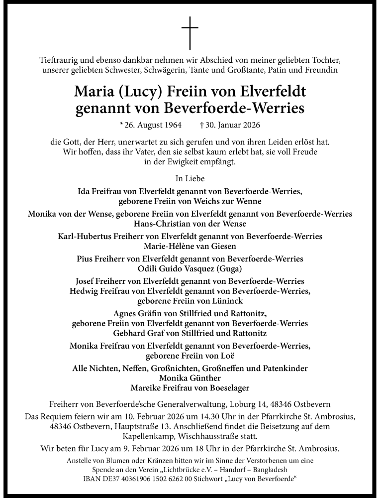  Traueranzeige für Maria Freiin von Elverfeldt genannt von Beverfoerde-Werries vom 04.02.2026 aus 