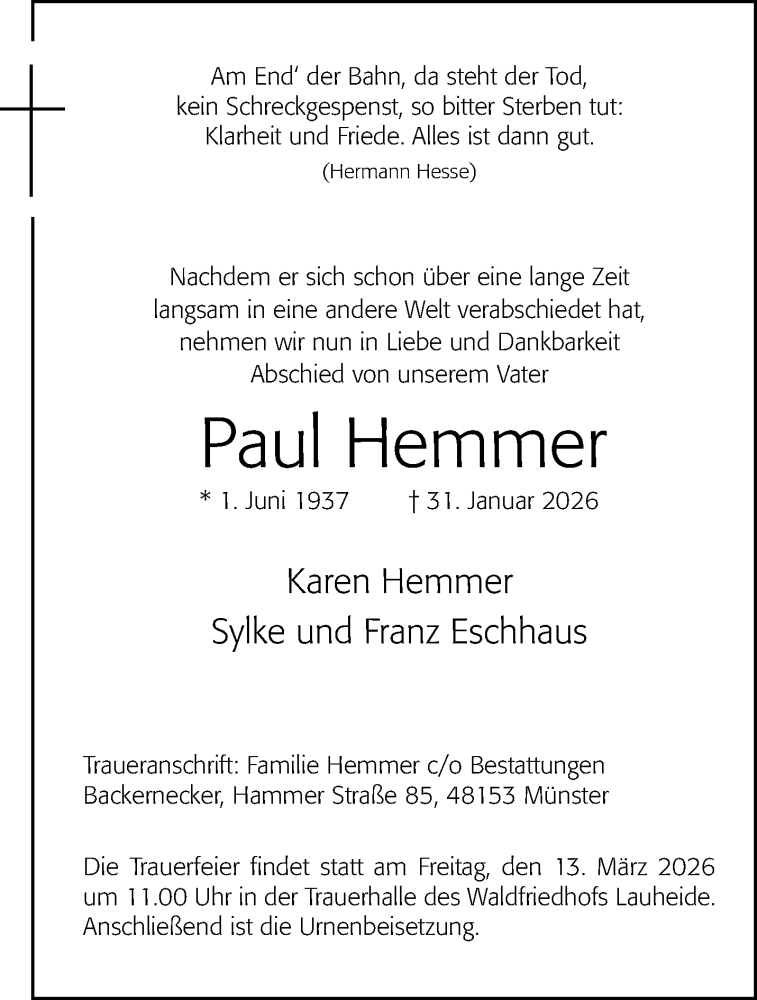  Traueranzeige für Paul Hemmer vom 07.02.2026 aus 