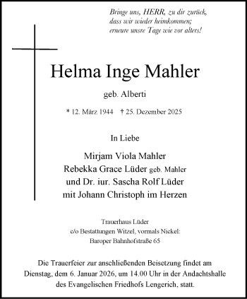 Anzeige von Helma Inge Mahler 