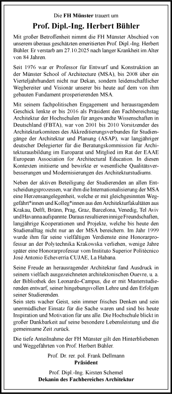 Anzeige von Prof. Dipl.-Ing. Herbert Bühler 