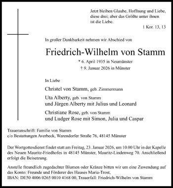 Anzeige von Friedrich-Wilhelm von Stamm 