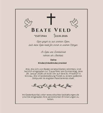 Anzeige von Beate Veld 