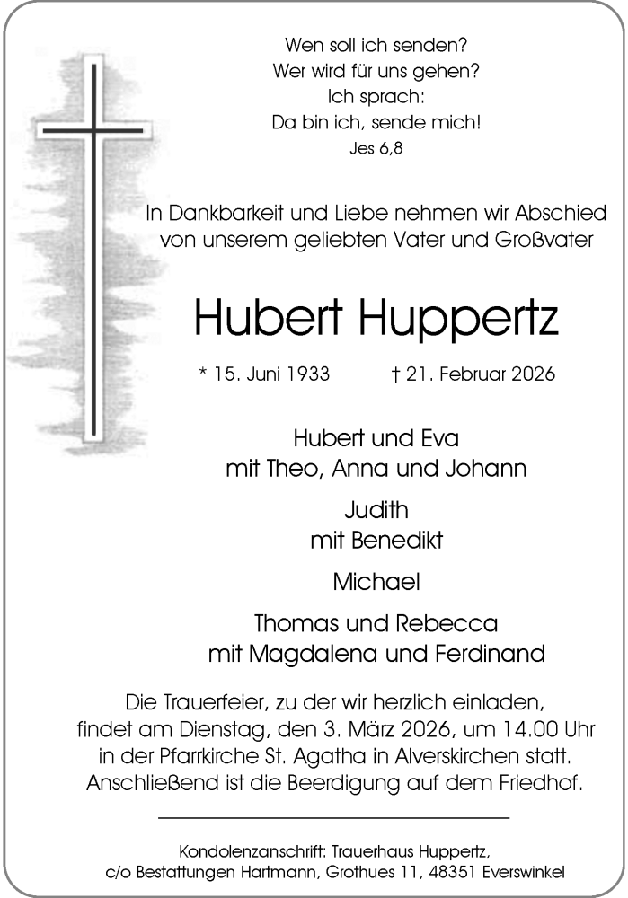  Traueranzeige für Hubert Huppertz vom 25.02.2026 aus 