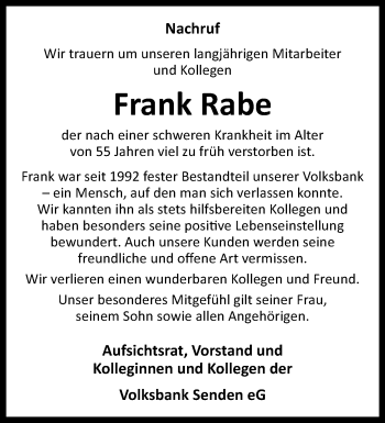 Anzeige von Frank Rabe 