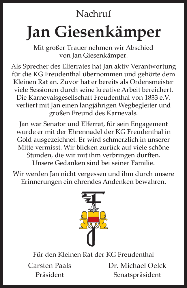  Traueranzeige für Jan Giesenkämper vom 31.01.2026 aus 