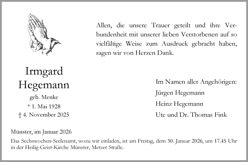  Traueranzeige für Irmgard Hegemann vom 24.01.2026 aus 