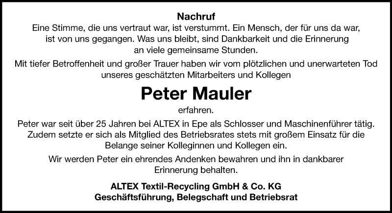  Traueranzeige für Peter Mauler vom 31.01.2026 aus 