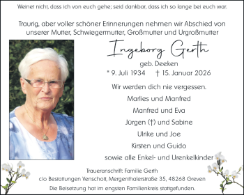 Anzeige von Ingeborg Gerth 
