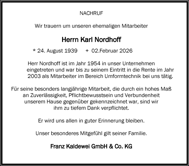  Traueranzeige für Karl Nordhoff vom 14.02.2026 aus 