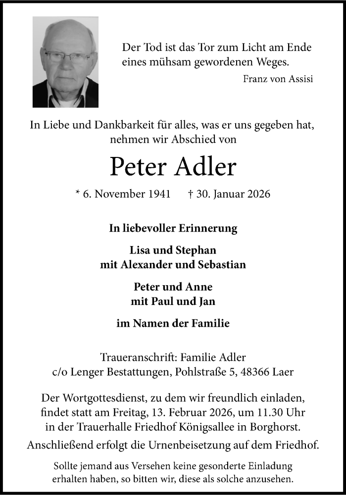  Traueranzeige für Peter Adler vom 07.02.2026 aus 