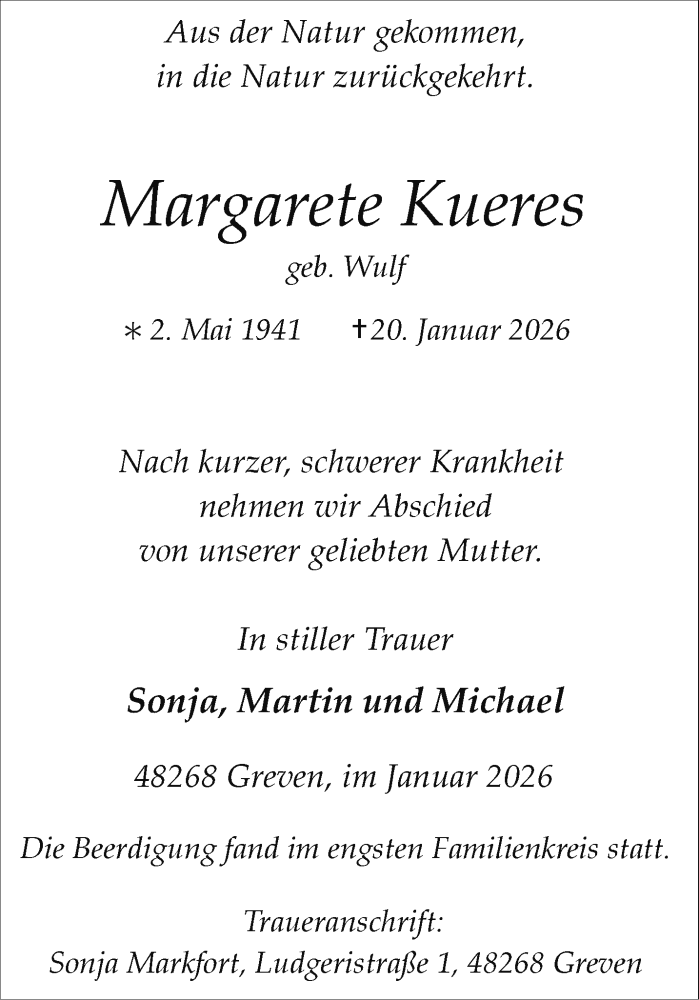  Traueranzeige für Margarete Kueres vom 31.01.2026 aus 