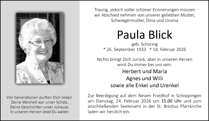  Traueranzeige für Paula Blick vom 21.02.2026 aus 