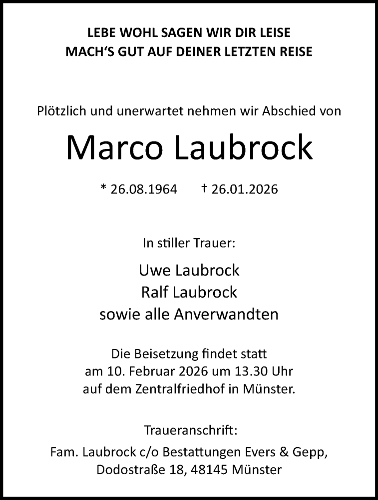  Traueranzeige für Marco Laubrock vom 31.01.2026 aus 