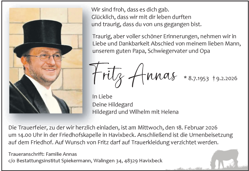  Traueranzeige für Fritz Annas vom 14.02.2026 aus 
