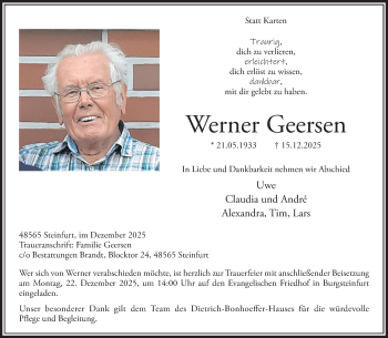 Anzeige von Werner Geersen 