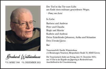 Anzeige von Bernhard Wüstnienhaus 