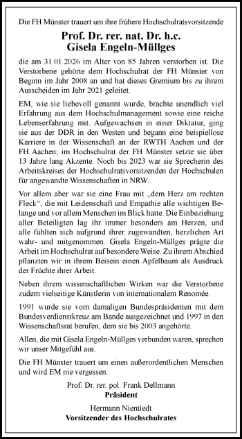 Anzeige von Prof. Dr. rer. nat. Dr. h.c. Gisela Engeln-Müllges 