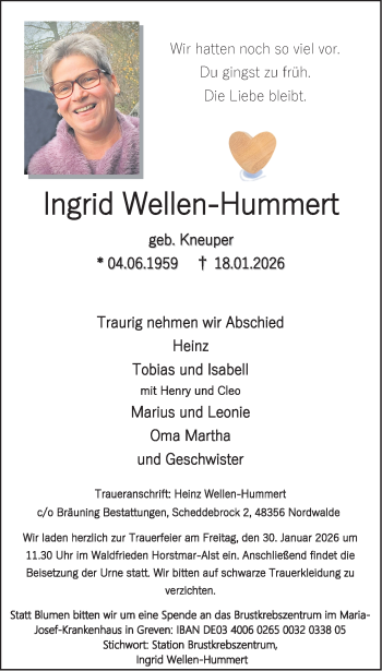 Anzeige von Ingrid Wellen-Hummert 