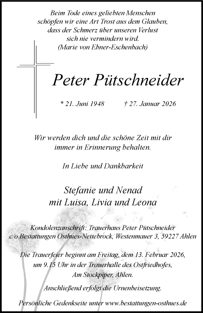  Traueranzeige für Peter Pütschneider vom 07.02.2026 aus 