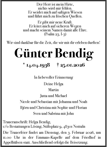 Anzeige von Günter Bendig 