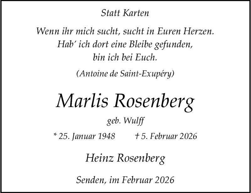 Traueranzeige für Marlis Rosenberg vom 14.02.2026 aus 