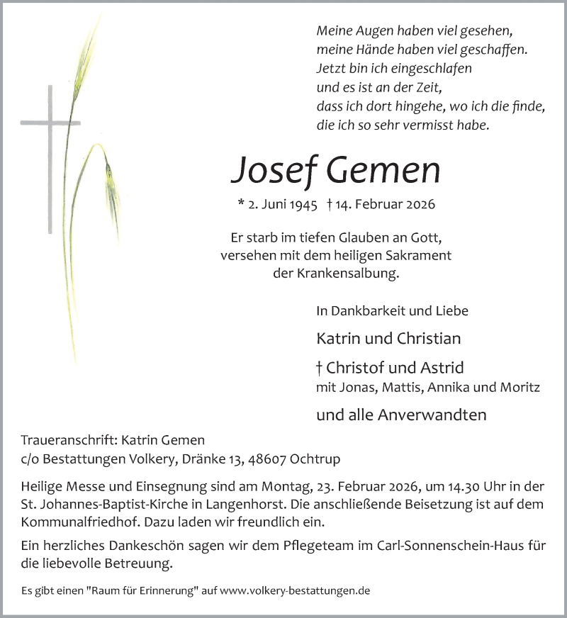  Traueranzeige für Josef Gemen vom 17.02.2026 aus 