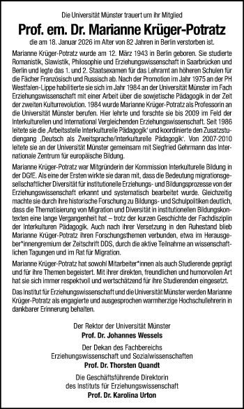 Anzeige von Prof. em. Dr. Marianne Krüger-Potratz 