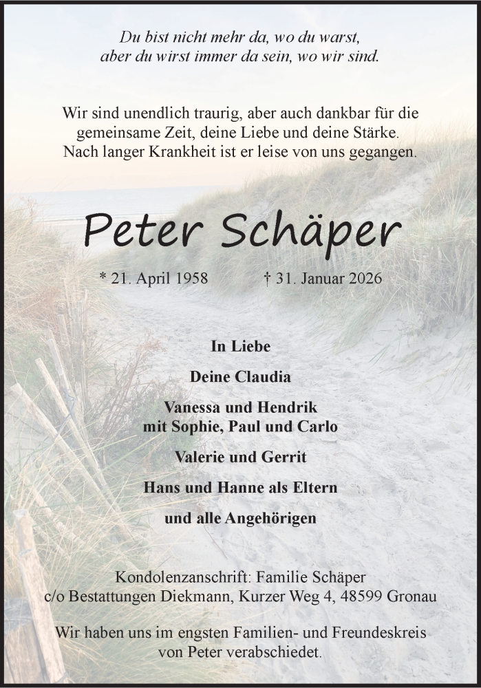  Traueranzeige für Peter Schäper vom 14.02.2026 aus 