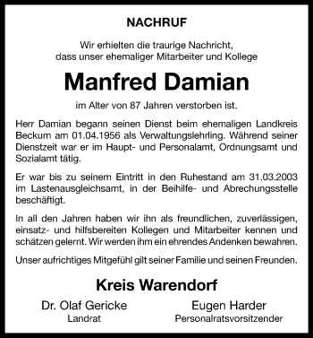 Anzeige von Manfred Damian 
