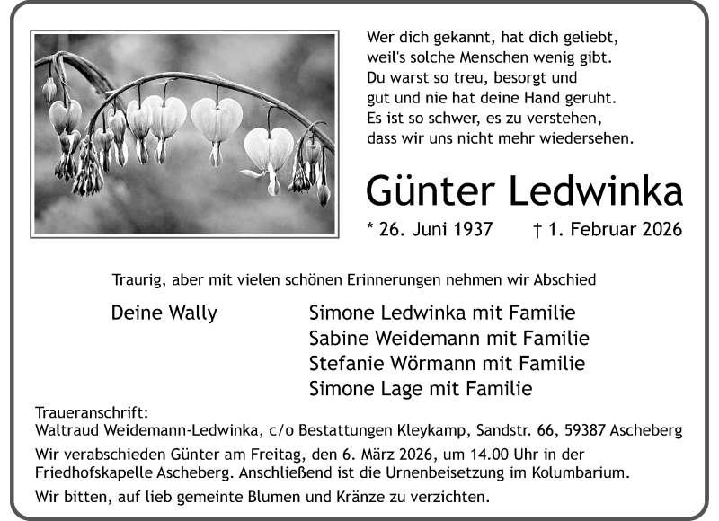  Traueranzeige für Günter Ledwinka vom 14.02.2026 aus 