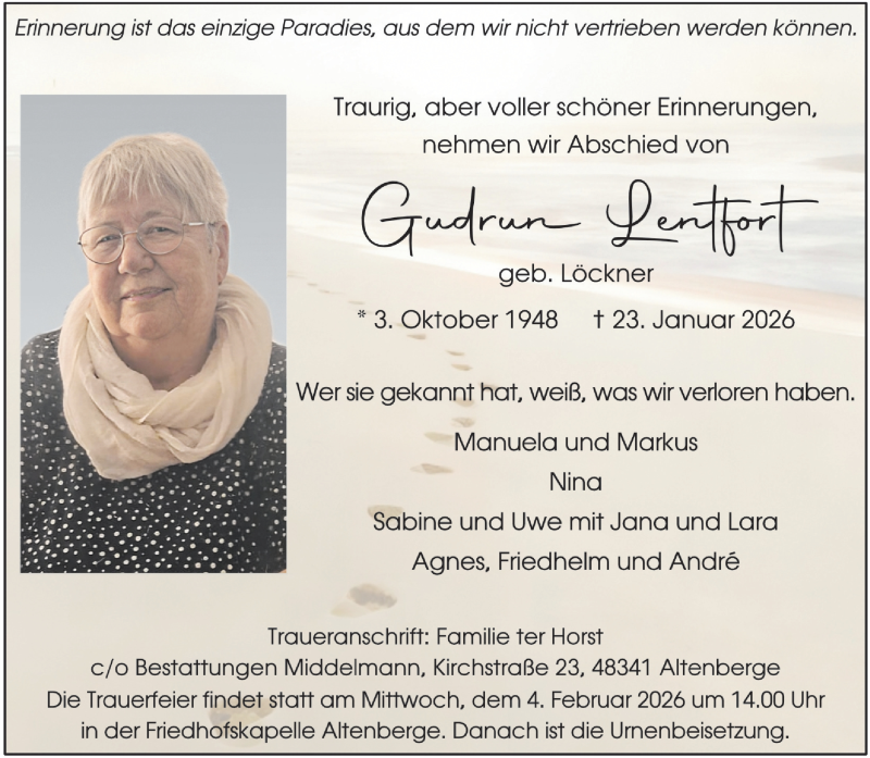  Traueranzeige für Gudrun Lentfort vom 31.01.2026 aus 