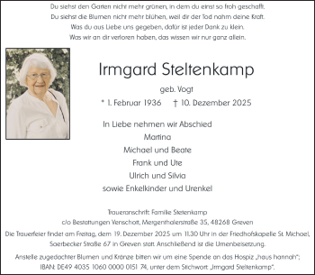 Anzeige von Irmgard Steltenkamp 