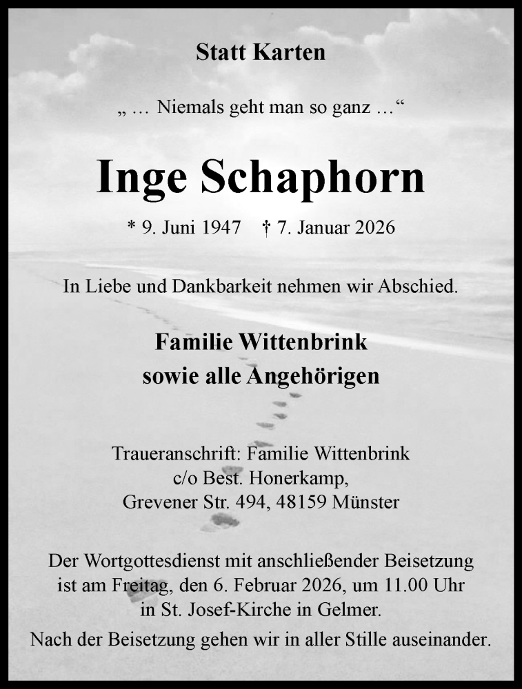  Traueranzeige für Inge Schaphorn vom 31.01.2026 aus 