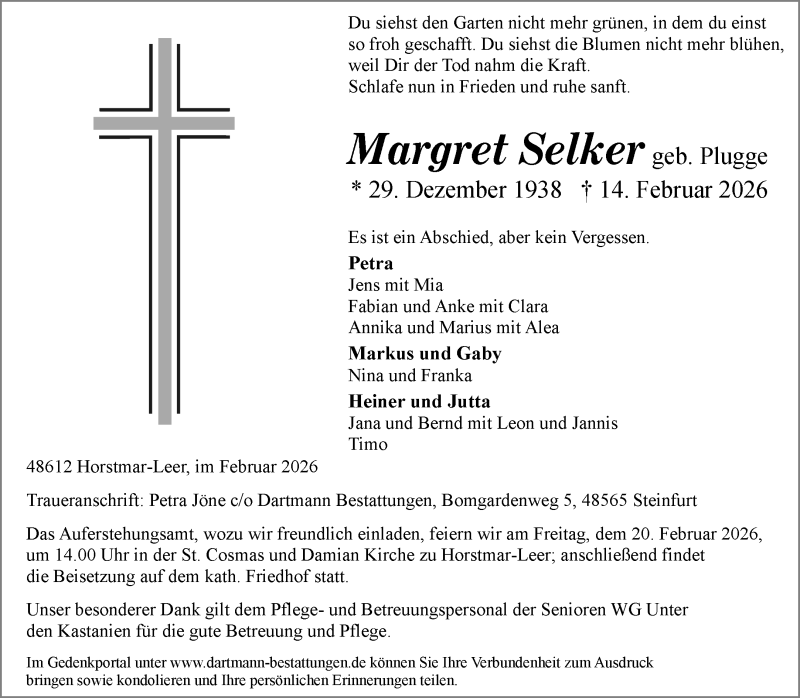  Traueranzeige für Margret Selker vom 18.02.2026 aus 