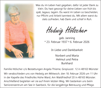 Anzeige von Hedwig Hölscher 