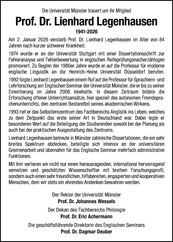  Traueranzeige für Prof. Dr. Lienhard Legenhausen vom 07.02.2026 aus 