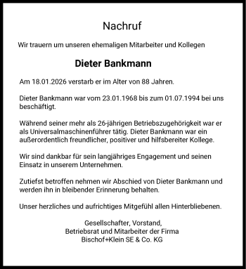 Anzeige von Dieter Bankmann 