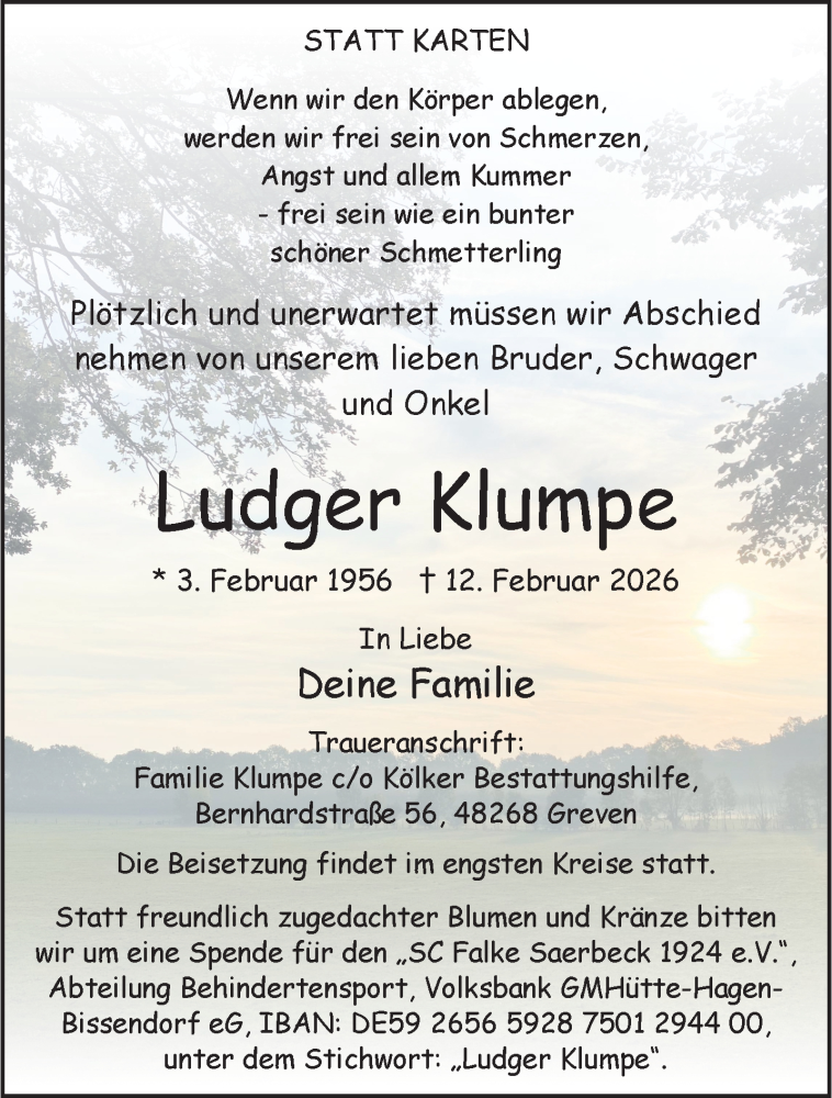  Traueranzeige für Ludger Klumpe vom 14.02.2026 aus 