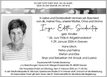 Anzeige von Inge Edith Siedentop 