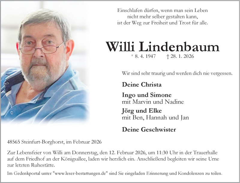  Traueranzeige für Willi Lindenbaum vom 07.02.2026 aus 