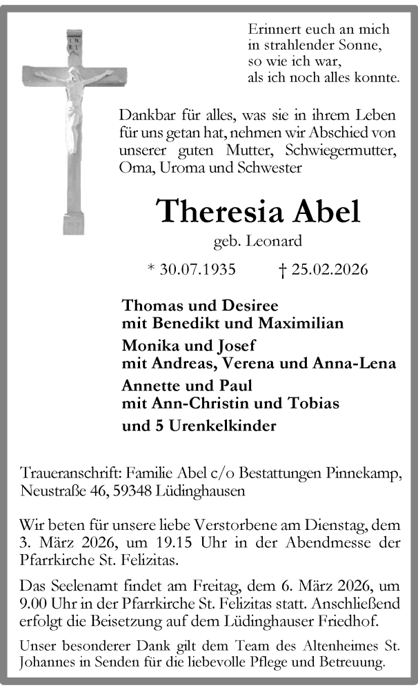  Traueranzeige für Theresia Abel vom 28.02.2026 aus 
