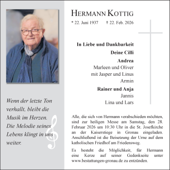 Anzeige von Hermann Kottig 