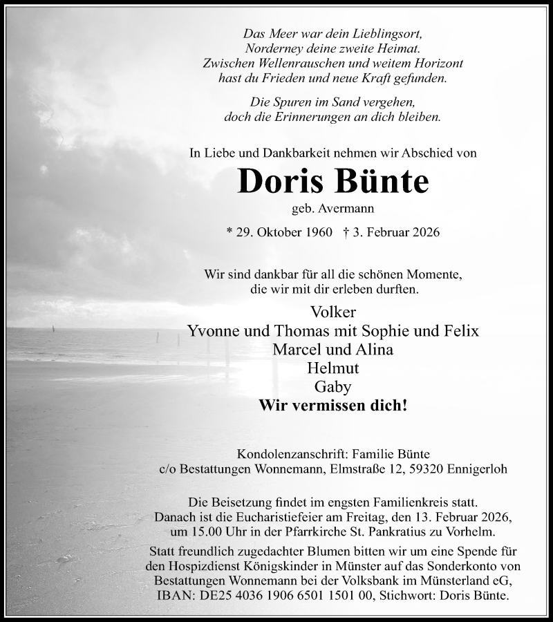  Traueranzeige für Doris Bünte vom 07.02.2026 aus 