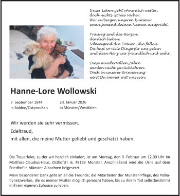Anzeige von Hanne-Lore Wollowski 